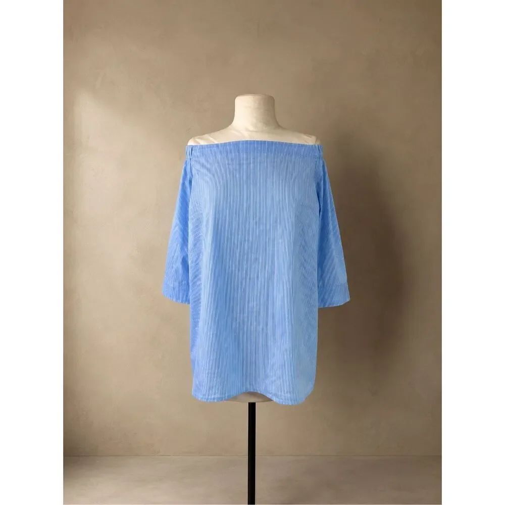 Nordstrom Sz M Halogen blouse off shoulder stripe resort blue